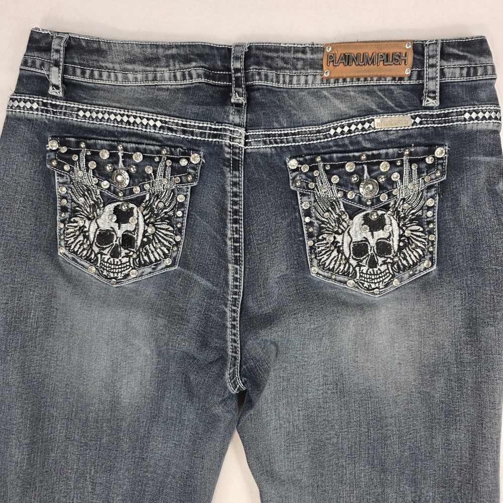 Platinum Plus Y2K Biker Jeans Rhinestones & Skull with Wings Size 15 36" X  31"